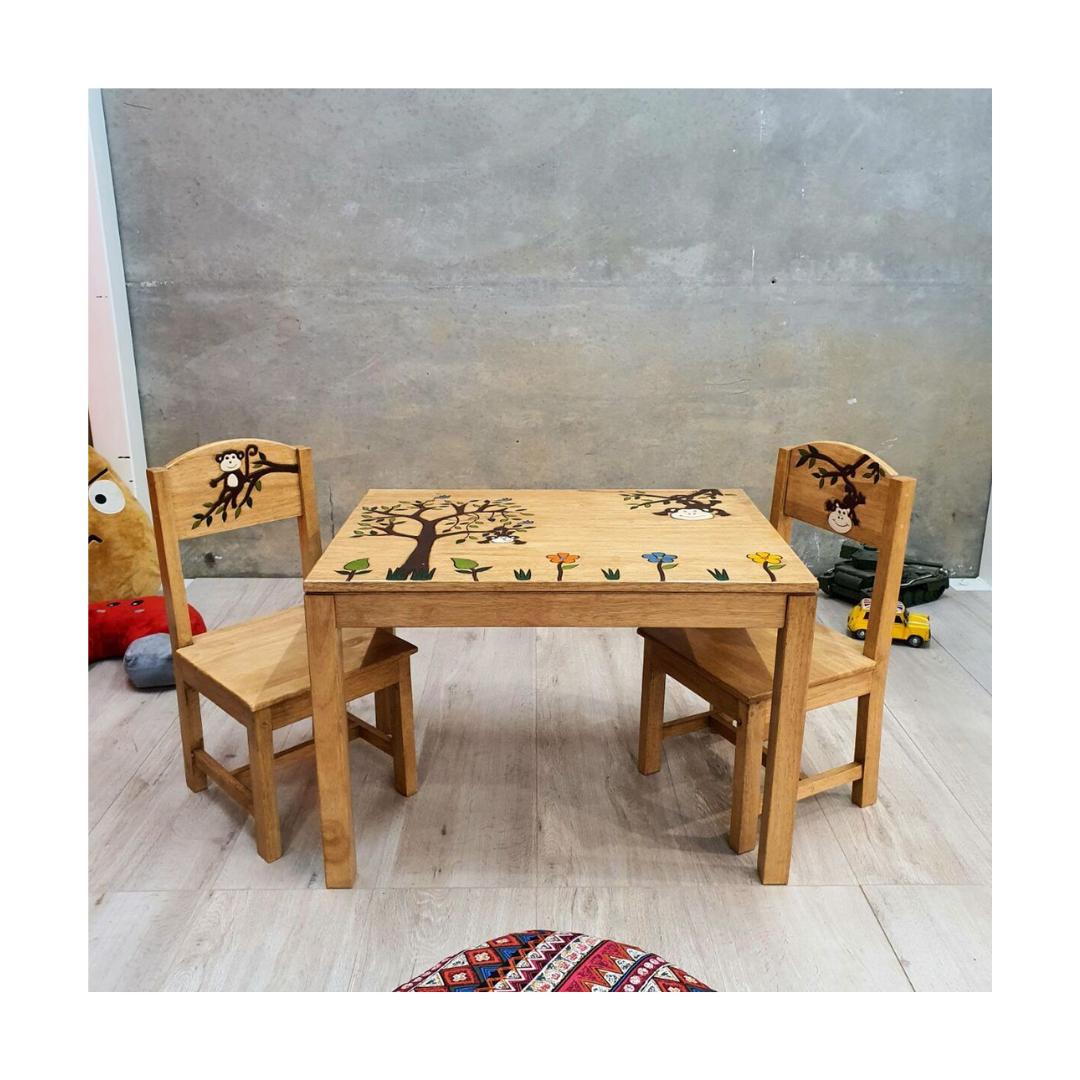 Wooden "Monkey Land" Table and Chair set for Kids